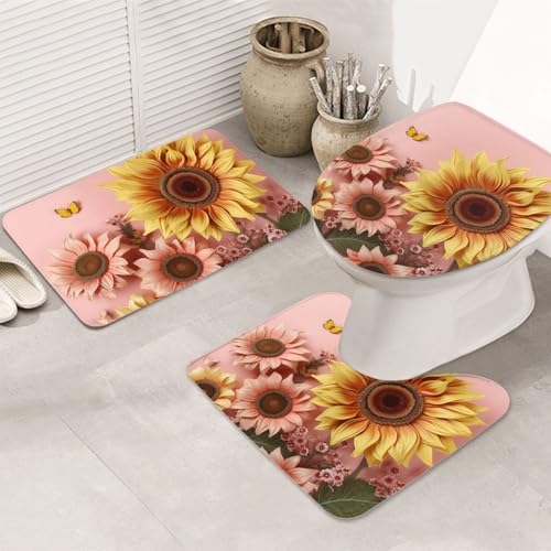 LHDGBNV Big Sunflower Badezimmerteppich-Set – 3-teiliges rutschfeste Duschmatten mit U-förmiger Kontur-WC-Vorleger, saugfähige Mikrofaser, waschbare Badezimmer-Fußmatten für Badewanne, Duschraum von LHDGBNV