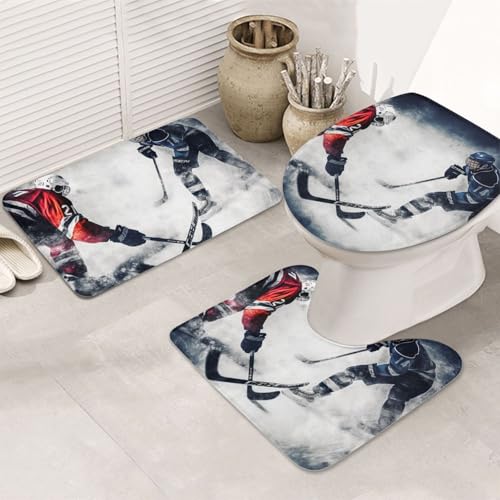 LHDGBNV Eishockey-Kunst-Badezimmerteppich-Set – 3-teiliges rutschfeste Duschmatten mit U-förmiger Kontur-WC-Vorleger, saugfähige Mikrofaser, waschbare Badezimmer-Fußmatten für Badewanne, Duschraum LHDGBNV Eishockey-Kunst-Badezimmerteppich-Set – 3-teiliges rutschfeste Duschmatten mit U-förmiger Kontur-WC-Vorleger, saugfähige Mikrofaser, waschbare Badezimmer-Fußmatten für Badewanne, Duschraum von LHDGBNV