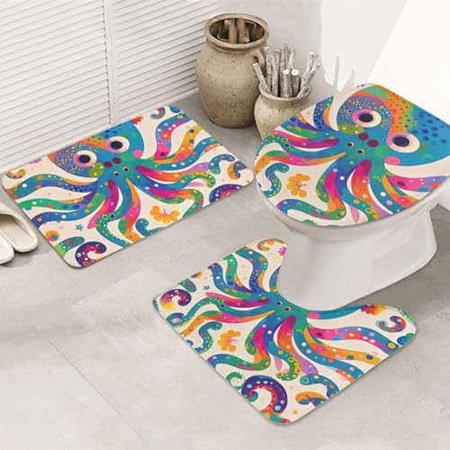 LHDGBNV Farbenfrohes Oktopus-Badezimmerteppich-Set – 3-teiliges rutschfeste Duschmatten mit U-förmiger Kontur-WC-Vorleger, saugfähige Mikrofaser, waschbare Badezimmer-Fußmatten für Badewanne von LHDGBNV