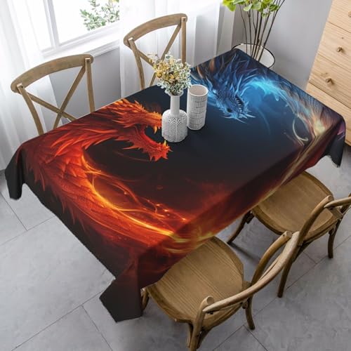 LHDGBNV Feuer- und Eisdrachen-Tischdecken für rechteckige Tische, flecken- und knitterfrei, waschbare Tischdecke, moderne Küchentischdecke für Küche, Esszimmer, Picknick, Party-Dekoration, 140 x 89 cm von LHDGBNV