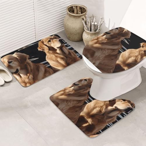 LHDGBNV Golden Retrievers Badezimmerteppich-Set – 3-teiliges rutschfeste Duschmatten mit U-förmiger Kontur-WC-Matte, saugfähige Mikrofaser, waschbare Badezimmer-Fußmatten für Badewanne, Duschraum von LHDGBNV