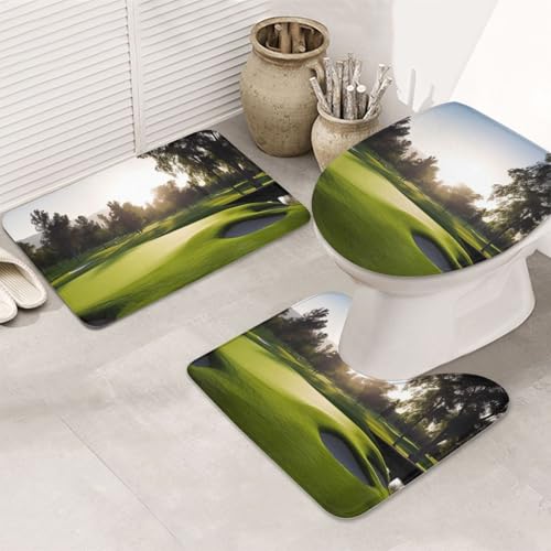 LHDGBNV Golfplatz-Badezimmerteppich-Set – 3-teiliges rutschfeste Duschmatten mit U-förmiger Kontur-WC-Matte, saugfähige Mikrofaser, waschbare Badezimmer-Fußmatten für Badewanne, Duschraum, Dekor von LHDGBNV
