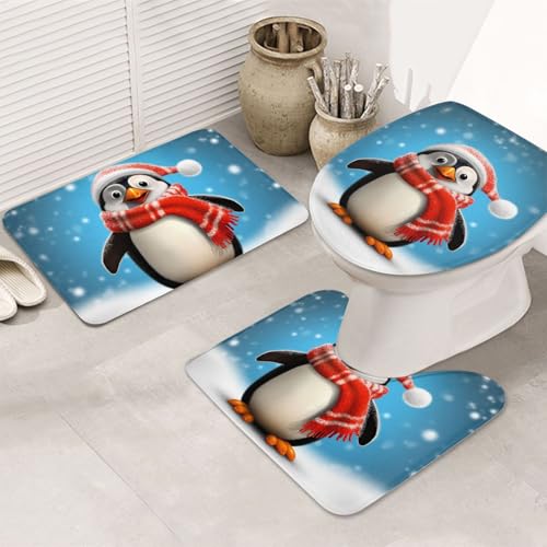 LHDGBNV Lustiger Weihnachtspinguin-Badezimmerteppich-Set – 3-teiliges rutschfeste Duschmatten mit U-förmiger Kontur-WC-Vorleger, saugfähige Mikrofaser, waschbare Badezimmer-Fußmatten für Badewanne LHDGBNV Lustiger Weihnachtspinguin-Badezimmerteppich-Set – 3-teiliges rutschfeste Duschmatten mit U-förmiger Kontur-WC-Vorleger, saugfähige Mikrofaser, waschbare Badezimmer-Fußmatten für Badewanne von LHDGBNV