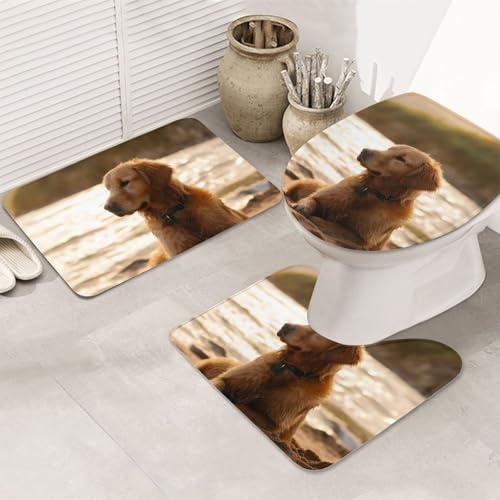 LHDGBNV Retriever Badezimmerteppich-Set – 3-teiliges rutschfeste Duschmatten mit U-förmiger Kontur-WC-Matte, saugfähige Mikrofaser, waschbare Badezimmer-Fußmatten für Badewanne, Duschraum, Dekor von LHDGBNV