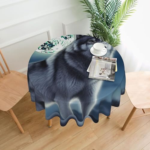 LHDGBNV Runde Tischdecke mit Wolf-Motiv unter dem Mond, wasserdicht, flecken- und knitterfrei, Bauernhaus-Tischdecke für Picknick, Party, Esszimmer, Zuhause, Innen- und Außenbereich von LHDGBNV