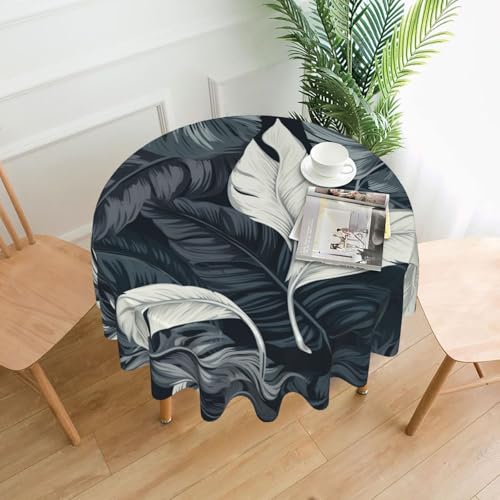 LHDGBNV Runde Tischdecken mit weißen und silbernen Blättern, 152,4 cm, wasserdicht, flecken- und knitterfrei, runde Tischdecke, Bauernhaus-Tischdecke für Picknick, Party, Esszimmer, Zuhause, Innen von LHDGBNV