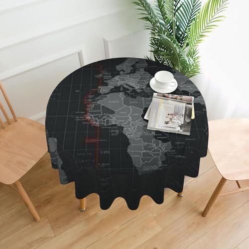 LHDGBNV Schwarze Weltkartentischdecken, rund, 152,4 cm, wasserdicht, flecken- und knitterfrei, für Picknick, Party, Esszimmer, Zuhause, Innen- und Außenbereich von LHDGBNV