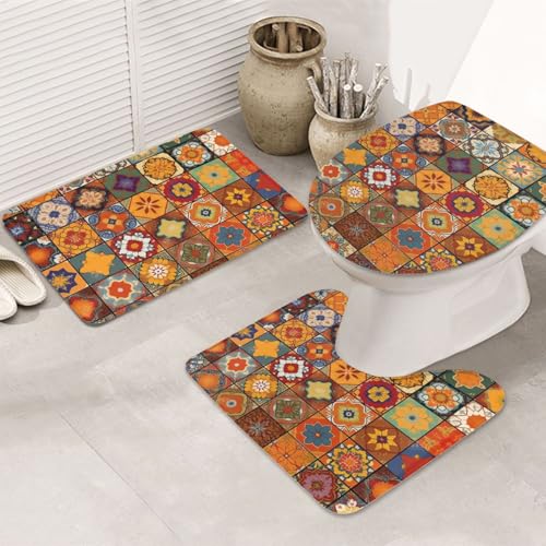 Marokkanisches geometrisches Badezimmerteppich-Set, 3-teilig, rutschfeste Duschmatten mit U-förmiger Kontur, WC-Vorleger, saugfähige Mikrofaser, waschbar, Badezimmer-Fußmatten für Badewanne, Duschraum Marokkanisches geometrisches Badezimmerteppich-Set, 3-teilig, rutschfeste Duschmatten mit U-förmiger Kontur, WC-Vorleger, saugfähige Mikrofaser, waschbar, Badezimmer-Fußmatten für Badewanne, Duschraum von LHDGBNV