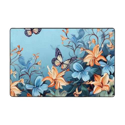 Moderner Teppich, 183 x 122 cm, kurzer Plüsch-Teppich, ultraweich, waschbar, rutschfeste Fußmatten, blauer Schmetterling, Blumenmuster, für Wohnzimmer, Schlafzimmer, Büro, Wohnheim, Heimdekoration von LHDGBNV