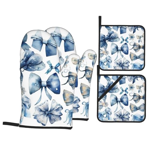 Ofenhandschuhe und Topflappen, hitzebeständig, wasserdicht, Kochhandschuhe, Topflappen, ein Set mit blauen Schleifen, rutschfeste Grillhandschuhe, heiße Pads für Küche, Kochen, Backen, Dekoration, 4 Ofenhandschuhe und Topflappen, hitzebeständig, wasserdicht, Kochhandschuhe, Topflappen, ein Set mit blauen Schleifen, rutschfeste Grillhandschuhe, heiße Pads für Küche, Kochen, Backen, Dekoration, 4 von LHDGBNV