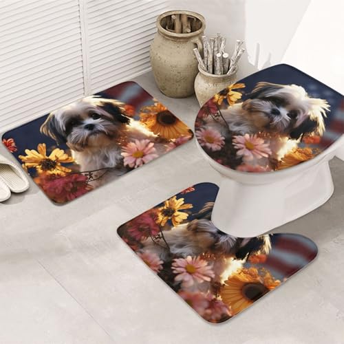 Shih Tzu Hunde- und Blumen-Badezimmerteppich-Set – 3-teiliges rutschfeste Duschmatten mit U-förmiger Kontur, WC-Vorleger, saugfähige Mikrofaser, waschbare Badezimmer-Fußmatten für Badewanne, Duschraum Shih Tzu Hunde- und Blumen-Badezimmerteppich-Set – 3-teiliges rutschfeste Duschmatten mit U-förmiger Kontur, WC-Vorleger, saugfähige Mikrofaser, waschbare Badezimmer-Fußmatten für Badewanne, Duschraum von LHDGBNV