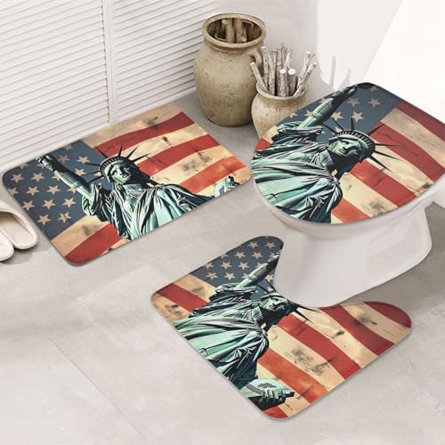 Statue Liberty Badezimmerteppich-Set mit amerikanischer Flagge, rutschfeste Duschmatten mit U-förmiger Kontur, WC-Vorleger, saugfähige Mikrofaser, waschbar, Badezimmer-Fußmatten für Badewanne Statue Liberty Badezimmerteppich-Set mit amerikanischer Flagge, rutschfeste Duschmatten mit U-förmiger Kontur, WC-Vorleger, saugfähige Mikrofaser, waschbar, Badezimmer-Fußmatten für Badewanne von LHDGBNV