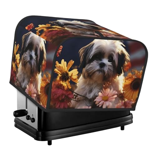 Toaster-Abdeckungen, 4 Scheiben, Shih Tzu Hund und Blumen, Brot, Toaster, Ofenabdeckung, staubdicht, waschbar, Küche, kleine Geräte, Backgeschirr, Schutz für Esszimmer, Zuhause, Tischdekoration von LHDGBNV