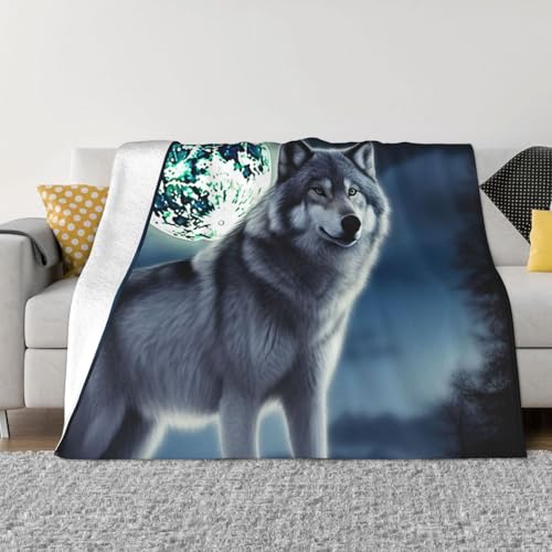 Überwurfdecke, Motiv: Wolf unter dem Mond, leicht, superweich, Flanelldecken, gemütlich, warm, Mikrofleece-Decken, Heimdekoration für Couch, Sofa, Bett, Wohnzimmer, 203 x 152 cm Überwurfdecke, Motiv: Wolf unter dem Mond, leicht, superweich, Flanelldecken, gemütlich, warm, Mikrofleece-Decken, Heimdekoration für Couch, Sofa, Bett, Wohnzimmer, 203 x 152 cm von LHDGBNV
