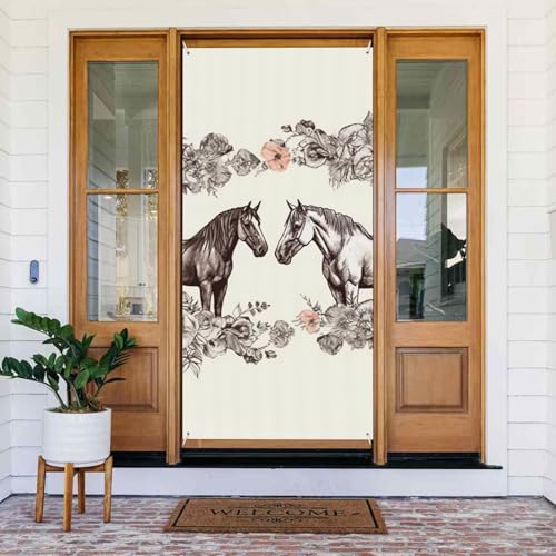 Willkommens-Türabdeckung, Dekoration, Türbanner 180 x 80 cm, Blumen und Pferde, handgezeichnetes Veranda-Banner, Schild, Foto-Hintergrund, saisonaler Haustür-Banner zum Aufhängen, Banner für Urlaub von LHDGBNV