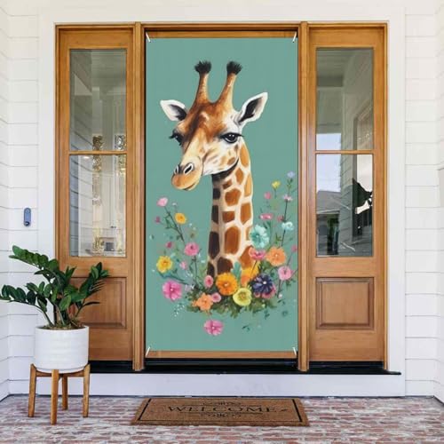 Willkommens-Türabdeckung, Dekoration, Türbanner 180 x 80 cm, Giraffe mit Blumen, Veranda, Banner, Schild, Fotohintergrund, saisonales Haustür-Banner zum Aufhängen, Banner für Urlaub, Party, Innen- und Willkommens-Türabdeckung, Dekoration, Türbanner 180 x 80 cm, Giraffe mit Blumen, Veranda, Banner, Schild, Fotohintergrund, saisonales Haustür-Banner zum Aufhängen, Banner für Urlaub, Party, Innen- und von LHDGBNV