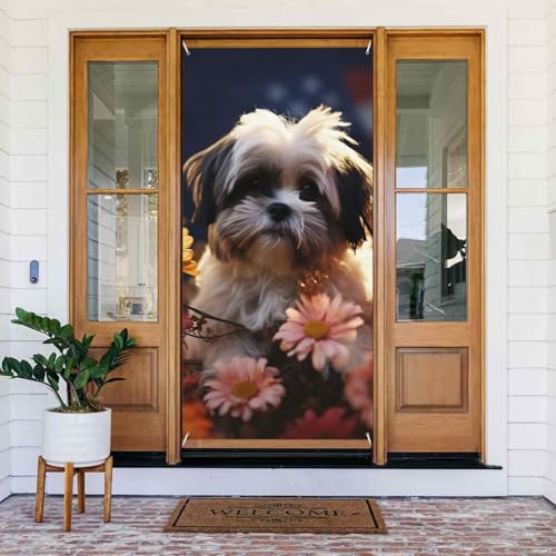 Willkommens-Türabdeckung, Dekoration, Türbanner 180 x 80 cm, Shih Tzu Hund und Blumen, Veranda, Banner, Schild, Fotohintergrund, saisonaler Haustür-Hängebanner für Urlaub, Party, Innen- und Willkommens-Türabdeckung, Dekoration, Türbanner 180 x 80 cm, Shih Tzu Hund und Blumen, Veranda, Banner, Schild, Fotohintergrund, saisonaler Haustür-Hängebanner für Urlaub, Party, Innen- und von LHDGBNV
