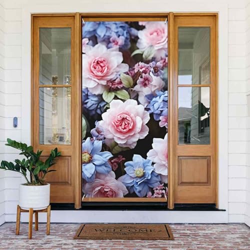 Willkommens-Türabdeckung, Dekoration, Türbanner 180 x 80 cm, blaue und rosa Blumen, Veranda, Banner, Schild, Fotohintergrund, saisonales Haustür-Banner zum Aufhängen, Banner für Urlaub, Party, Innen von LHDGBNV