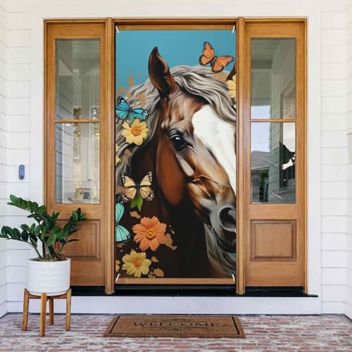 Willkommens-Türabdeckung, Dekoration, Türbanner 180 x 80 cm, ein Pferd mit Blumen, Veranda, Banner, Schild, Fotohintergrund, saisonales Haustür-Banner zum Aufhängen, Banner für Urlaub, Party, Innen von LHDGBNV