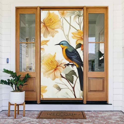 Willkommens-Türabdeckung, Dekoration, Türbanner 180 x 80 cm, gelbe Blumen und Vögel, Veranda, Banner, Schild, Fotohintergrund, saisonales Haustür-Banner zum Aufhängen, Banner für Urlaub, Party, Innen von LHDGBNV