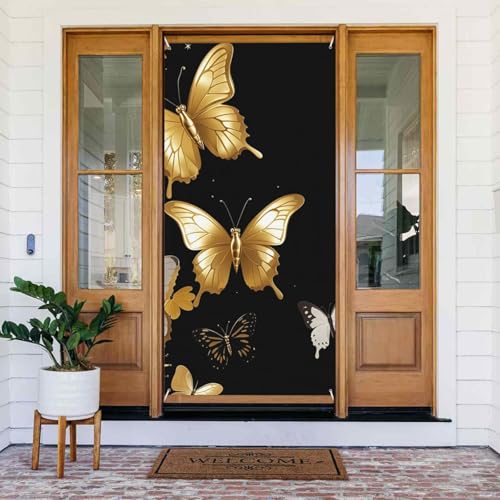 Willkommens-Türabdeckung, Dekoration, Türbanner 180 x 80 cm, goldfarbene weiße Schmetterlinge, schwarze Veranda-Banner, Schild, Fotohintergrund, saisonales Haustür-Banner zum Aufhängen, Banner für Willkommens-Türabdeckung, Dekoration, Türbanner 180 x 80 cm, goldfarbene weiße Schmetterlinge, schwarze Veranda-Banner, Schild, Fotohintergrund, saisonales Haustür-Banner zum Aufhängen, Banner für von LHDGBNV