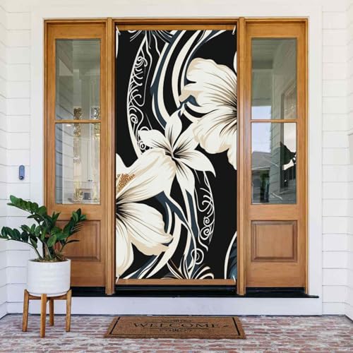 Willkommens-Türabdeckung, Dekoration, Türbanner 180 x 80 cm, schwarz-weiß, hawaiianische Blumen, Veranda, Banner, Schild, Fotohintergrund, saisonales Haustür-Banner zum Aufhängen, Banner für Urlaub von LHDGBNV