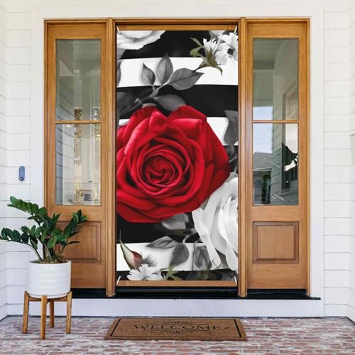 Willkommens-Türabdeckung, Dekoration, Türbanner 180 x 80 cm, schwarz-weiße Streifen, rote Rose, Blumen, Veranda, Banner, Schild, Fotohintergrund, saisonaler Haustür-Banner für Urlaub, Party, drinnen von LHDGBNV