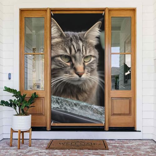 Willkommens-Türabdeckung, Dekoration, Türbanner 183 x 80 cm, Katze zerbricht Glas im Auto, Veranda, Banner, Schild, Fotohintergrund, saisonaler Haustür-Banner für Urlaub, Party, Innen- und von LHDGBNV