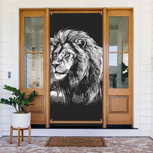 Willkommens-Türabdeckung, Dekoration, Türbanner 183 x 80 cm, Löwe, schwarz-weiß, Illustration, Veranda, Banner, Schild, Fotohintergrund, saisonaler Haustür-Hängebanner für Urlaub, Party, drinnen und Willkommens-Türabdeckung, Dekoration, Türbanner 183 x 80 cm, Löwe, schwarz-weiß, Illustration, Veranda, Banner, Schild, Fotohintergrund, saisonaler Haustür-Hängebanner für Urlaub, Party, drinnen und von LHDGBNV