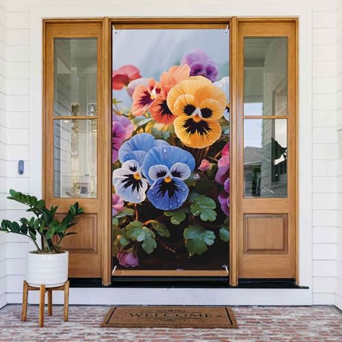 Willkommens-Türabdeckung, Dekoration, Türbanner 183 x 80 cm, Stiefmütterchen, Blumen, Veranda, Banner, Schild, Fotohintergrund, saisonales Haustür-Banner zum Aufhängen, Banner für Urlaub, Party, Innen Willkommens-Türabdeckung, Dekoration, Türbanner 183 x 80 cm, Stiefmütterchen, Blumen, Veranda, Banner, Schild, Fotohintergrund, saisonales Haustür-Banner zum Aufhängen, Banner für Urlaub, Party, Innen von LHDGBNV
