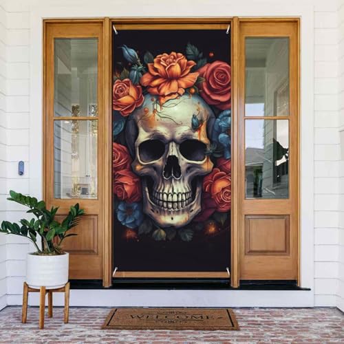 Willkommens-Türabdeckung, Dekoration, Türbanner 183 x 80 cm, Totenkopf umgeben von Blumen, Veranda, Banner, Schild, Fotohintergrund, saisonales Haustür-Banner zum Aufhängen, Banner für Urlaub, Party Willkommens-Türabdeckung, Dekoration, Türbanner 183 x 80 cm, Totenkopf umgeben von Blumen, Veranda, Banner, Schild, Fotohintergrund, saisonales Haustür-Banner zum Aufhängen, Banner für Urlaub, Party von LHDGBNV