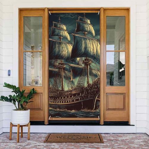 Willkommens-Türabdeckung, Dekoration, Türbanner 183 x 80 cm, nautisches Vintage-Segel-Piratenschiff, Veranda, Banner, Schild, Fotohintergrund, saisonaler Haustür-Hängebanner für Urlaub, Party, drinnen Willkommens-Türabdeckung, Dekoration, Türbanner 183 x 80 cm, nautisches Vintage-Segel-Piratenschiff, Veranda, Banner, Schild, Fotohintergrund, saisonaler Haustür-Hängebanner für Urlaub, Party, drinnen von LHDGBNV