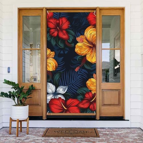 Willkommens-Türabdeckung, Dekoration, Türbanner 183 x 80 cm, realistische hawaiianische Blumen, Veranda, Banner, Schild, Fotohintergrund, saisonales Haustür-Banner zum Aufhängen, Banner für Urlaub von LHDGBNV
