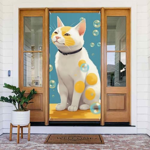 Willkommens-Türabdeckung, Dekoration, Türbanner 183 x 80 cm, viele Blasen und eine Katze, Veranda, Banner, Schild, Fotohintergrund, saisonales Haustür-Banner zum Aufhängen, Banner für Urlaub, Party Willkommens-Türabdeckung, Dekoration, Türbanner 183 x 80 cm, viele Blasen und eine Katze, Veranda, Banner, Schild, Fotohintergrund, saisonales Haustür-Banner zum Aufhängen, Banner für Urlaub, Party von LHDGBNV