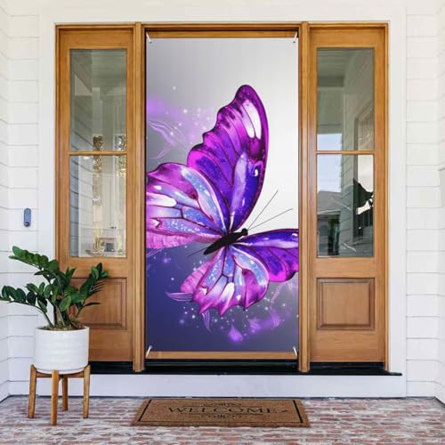 Willkommens-Türabdeckung, Dekoration, Türbanner 183 x 80 cm, violetter Schmetterling, Veranda, Banner, Schild, Fotohintergrund, saisonales Haustür-Banner zum Aufhängen, Banner für Urlaub, Party, Innen Willkommens-Türabdeckung, Dekoration, Türbanner 183 x 80 cm, violetter Schmetterling, Veranda, Banner, Schild, Fotohintergrund, saisonales Haustür-Banner zum Aufhängen, Banner für Urlaub, Party, Innen von LHDGBNV