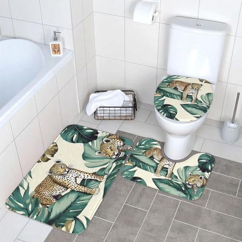 3-teiliges Badezimmerteppich-Set, super saugfähig, rutschfest, waschbar, Konturmatte und WC-Deckelbezug, Leoparden- und Palmblätter, Badematten, Teppich für Badezimmer, Duschvorleger 3-teiliges Badezimmerteppich-Set, super saugfähig, rutschfest, waschbar, Konturmatte und WC-Deckelbezug, Leoparden- und Palmblätter, Badematten, Teppich für Badezimmer, Duschvorleger von LHDGBWC
