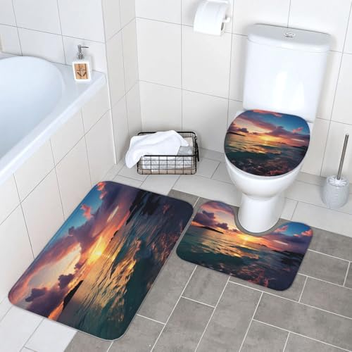 3-teiliges Badezimmerteppich-Set, super saugfähig, rutschfest, waschbar, Konturmatte und WC-Deckelbezug, Ozean und Sonnenuntergang, Badematten, Teppich für Badezimmer, Duschvorleger von LHDGBWC