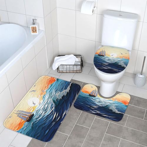 3-teiliges Badezimmerteppich-Set, super saugfähig, rutschfest, waschbar, Konturmatte und WC-Deckelbezug, Ozeanwellen, Segelboot, Badematten, Teppich für Badezimmer, Duschvorleger von LHDGBWC