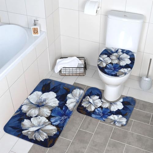 3-teiliges Badezimmerteppich-Set, super saugfähig, rutschfest, waschbar, Konturmatte und WC-Deckelbezug, große blaue und weiße Blumen, Badematten, Teppich für Badezimmer, Duschvorleger 3-teiliges Badezimmerteppich-Set, super saugfähig, rutschfest, waschbar, Konturmatte und WC-Deckelbezug, große blaue und weiße Blumen, Badematten, Teppich für Badezimmer, Duschvorleger von LHDGBWC