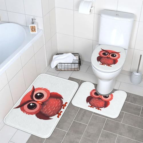 3-teiliges Badezimmerteppich-Set, super saugfähig, rutschfest, waschbar, Konturmatte und WC-Deckelbezug, niedliche rote Eule, Badematten für Badezimmer, Duschvorleger 3-teiliges Badezimmerteppich-Set, super saugfähig, rutschfest, waschbar, Konturmatte und WC-Deckelbezug, niedliche rote Eule, Badematten für Badezimmer, Duschvorleger von LHDGBWC