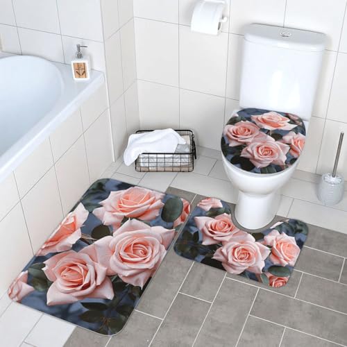 3-teiliges Badezimmerteppich-Set, super saugfähig, rutschfest, waschbar, Konturmatte und WC-Deckelbezug, rosa Rose, Blumen, Badematten, Teppich für Badezimmer, Duschvorleger 3-teiliges Badezimmerteppich-Set, super saugfähig, rutschfest, waschbar, Konturmatte und WC-Deckelbezug, rosa Rose, Blumen, Badematten, Teppich für Badezimmer, Duschvorleger von LHDGBWC