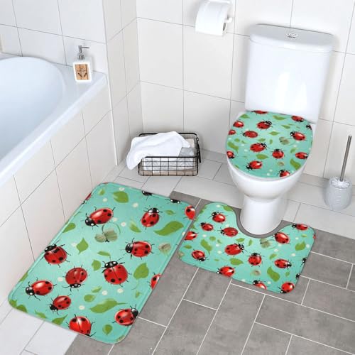 3-teiliges Badezimmerteppich-Set, super saugfähig, rutschfest, waschbar, Konturmatte und WC-Deckelbezug, rote Marienkäfer auf blauem Hintergrund, Badematten, Teppich für Badezimmer, Duschvorleger 3-teiliges Badezimmerteppich-Set, super saugfähig, rutschfest, waschbar, Konturmatte und WC-Deckelbezug, rote Marienkäfer auf blauem Hintergrund, Badematten, Teppich für Badezimmer, Duschvorleger von LHDGBWC