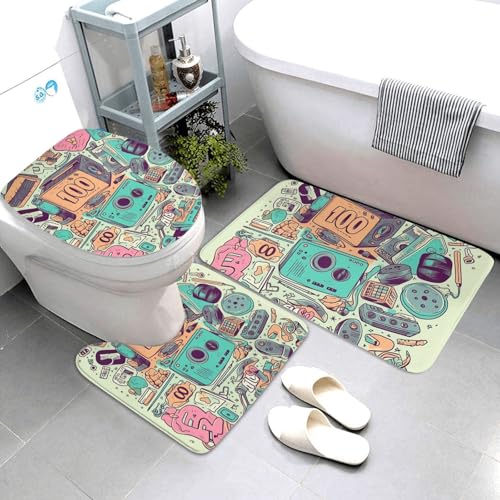 Badezimmerteppich-Set, 3-teilig, super saugfähig, rutschfest, waschbar, Konturmatte und WC-Deckelbezug, "I Love The 90er-Jahre"-Illustration, Badematten, Teppich für Badezimmer, Duschvorleger Badezimmerteppich-Set, 3-teilig, super saugfähig, rutschfest, waschbar, Konturmatte und WC-Deckelbezug, "I Love The 90er-Jahre"-Illustration, Badematten, Teppich für Badezimmer, Duschvorleger von LHDGBWC