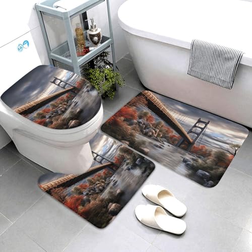 Badezimmerteppich-Set, 3-teilig, super saugfähig, rutschfest, waschbar, Konturmatte und WC-Deckelbezug, Landschaftsbrücke, Badematten, Teppich für Badezimmer, Duschvorleger Badezimmerteppich-Set, 3-teilig, super saugfähig, rutschfest, waschbar, Konturmatte und WC-Deckelbezug, Landschaftsbrücke, Badematten, Teppich für Badezimmer, Duschvorleger von LHDGBWC