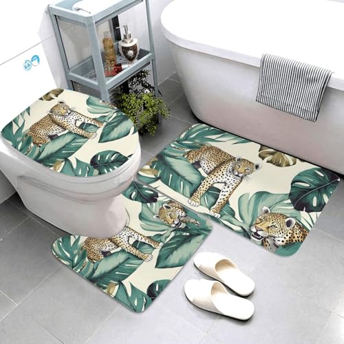 Badezimmerteppich-Set, 3-teilig, super saugfähig, rutschfest, waschbar, Konturmatte und WC-Deckelbezug, Leoparden- und Palmblätter, Badematten, Teppich für Badezimmer, Duschvorleger Badezimmerteppich-Set, 3-teilig, super saugfähig, rutschfest, waschbar, Konturmatte und WC-Deckelbezug, Leoparden- und Palmblätter, Badematten, Teppich für Badezimmer, Duschvorleger von LHDGBWC