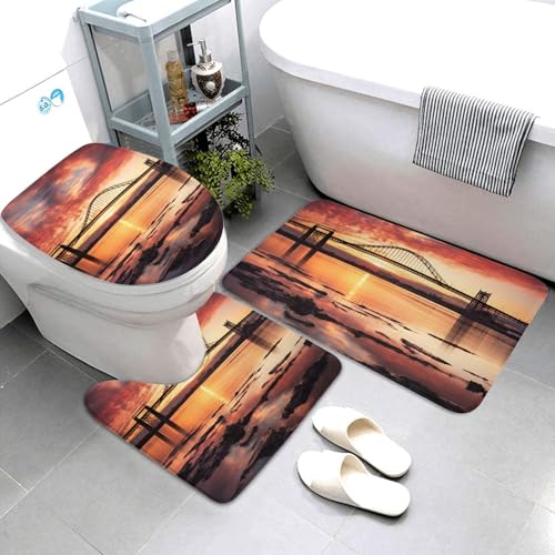 Badezimmerteppich-Set, 3-teilig, super saugfähig, rutschfest, waschbar, Konturmatte und WC-Deckelbezug, Newark Bay Bridge und Sonnenuntergang, Badematten, Teppich für Badezimmer, Duschvorleger Badezimmerteppich-Set, 3-teilig, super saugfähig, rutschfest, waschbar, Konturmatte und WC-Deckelbezug, Newark Bay Bridge und Sonnenuntergang, Badematten, Teppich für Badezimmer, Duschvorleger von LHDGBWC