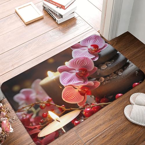 Fußmatte für drinnen und draußen, rutschfeste Bodenmatte, rosa Orchidee, Stein, rote Kerzen, Fußmatte für Eingangsbereich, Veranda, Badezimmerteppich, 40,6 x 61 cm Fußmatte für drinnen und draußen, rutschfeste Bodenmatte, rosa Orchidee, Stein, rote Kerzen, Fußmatte für Eingangsbereich, Veranda, Badezimmerteppich, 40,6 x 61 cm von LHDGBWC