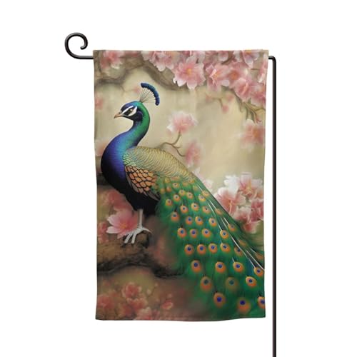 Gartenflagge, 30,5 x 45,7 cm, doppelseitig, für den Außenbereich, saisonale Willkommensflagge, Außendekoration, Bauernhaus, orientalischer Pfau auf Blume, Baumflaggen für Terrasse, Rasen und von LHDGBWC