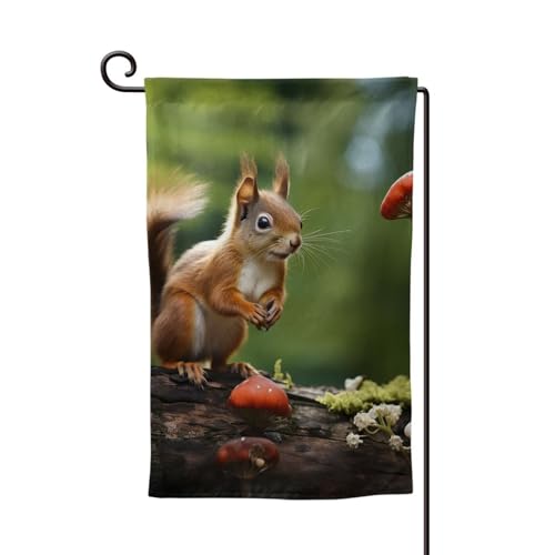 Gartenflagge, 30,5 x 45,7 cm, doppelseitig, für den Außenbereich, saisonale Willkommensflagge, Außendekoration, Bauernhaus, rotes Eichhörnchen auf kleinem grünen Hügel, Flaggen für Terrasse, Rasen und von LHDGBWC
