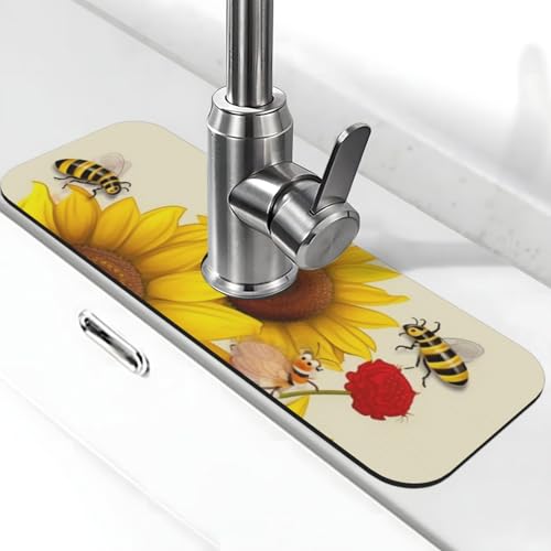 Spülbecken-Spritzschutz, Wasserhahnmatte, 38,1 x 14 cm, super saugfähig, schnell trocknend, Stein-Wasserhahn-Saugnapf, Bienen, Sonnenblumen, Gänseblümchen, Rose, Blumen, Wasserhahn, Tropffänger von LHDGBWC